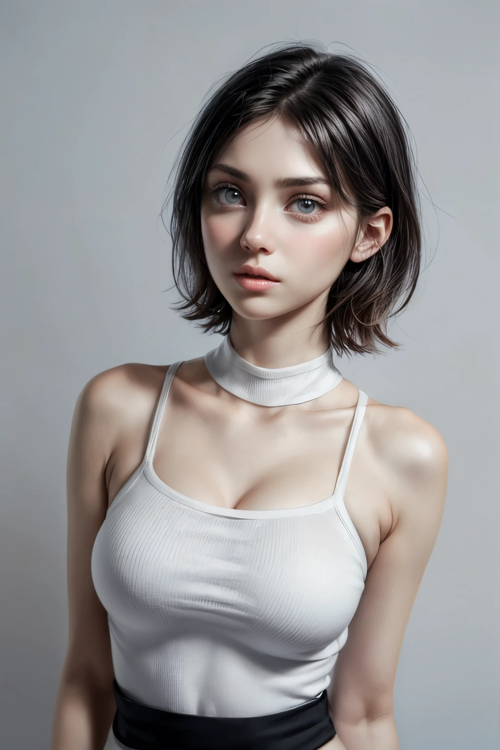 best quality, ultra high resolution, (realistic:1.4), (2girls, duo, fluoride), (White sleeveless turtleneck knit, black tight skirt, black choker:1.3), (thin hair:1.3), (Super detailed face, beautiful face, big eyes, A well-shaped nose with narrow stripes, perfect beauty, Very porcelain skin, very pale skin, My skin is fair and beautiful.:1.7), (laugh:0.8), ((Short hair with a dull gray color:1.5)), (huge breasts:1.9), (well-shaped breasts:1.9), (7 headtall, (slim body), (sloping shoulders, narrow shoulders, ((small head, thin hair)), Thin upper chest, Thin under the chest, (thin waist:1.2):1.2)), looking at viewer, enlargement, (Random emotions, Random poses synchronized with emotions, Random English, random location, random location:1.5), (Flat lighting, White simple gradient background:1.4),