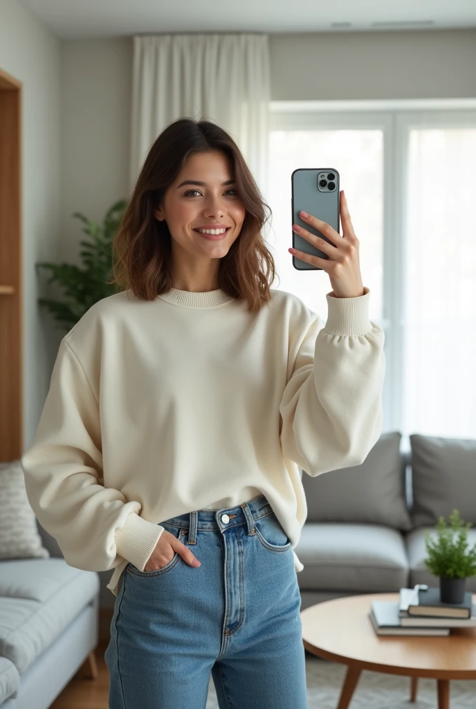 A young woman in her twenties, Caucasian with shoulder-length, slightly wavy brown hair, stands in her modern living room. She is dressed in a casual yet stylish outfit: a pair of high-waisted blue jeans that are fitted and slightly distressed, paired with a white oversized sweater with a cozy, relaxed fit. The sweater has a slight V-neck and long sleeves that are gently rolled up, giving it a laid-back look. Her natural hair falls softly over her shoulders, framing her face with its delicate features. She is holding her smartphone with one hand in front of a large wall mirror, capturing a photo of herself with a sweet and confident smile.

The living room is spacious and bright, featuring modern and elegant furniture. There is a light gray sofa adorned with cushions in various textures and colors. A light wooden coffee table sits in the center, with a few stacked books and a green potted plant adding touches of life and comfort. A large window allows