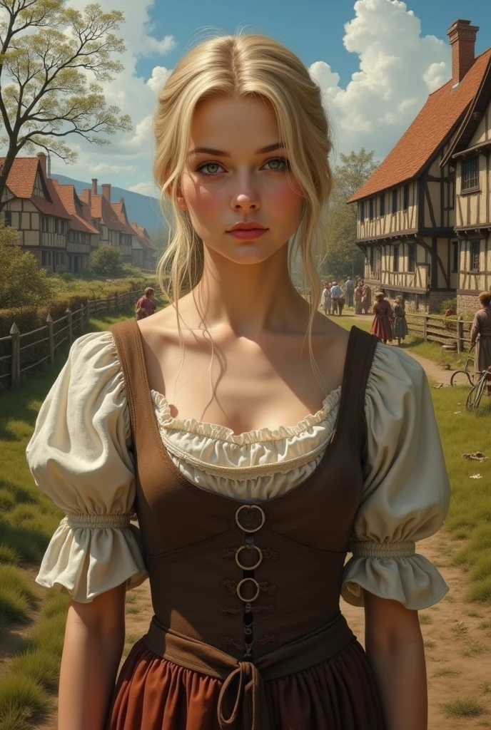 Masterpiece, Best Quality, (Perfect Face:1.1) , (High Detail:1.1), a photograph of Guinwen by Crvgg, Guinwen as a young maid, 8k, 1 girl, realistic photograph, pretty face, Face of Guinwen, beautifully detailed eyes, muito detalhado, blond hair, blonde hair, gray eyes, visible waist, large breasts, huge breasts, full cleavage, Hairline, in the background a medieval farming village, Farmers in the background, Peasant dress, fully clothed, Mediovale, Portrait, Fields in the background, small farmhouses, full body, oil painting, nipples showing,(photorealism:1.2), photorealistic,