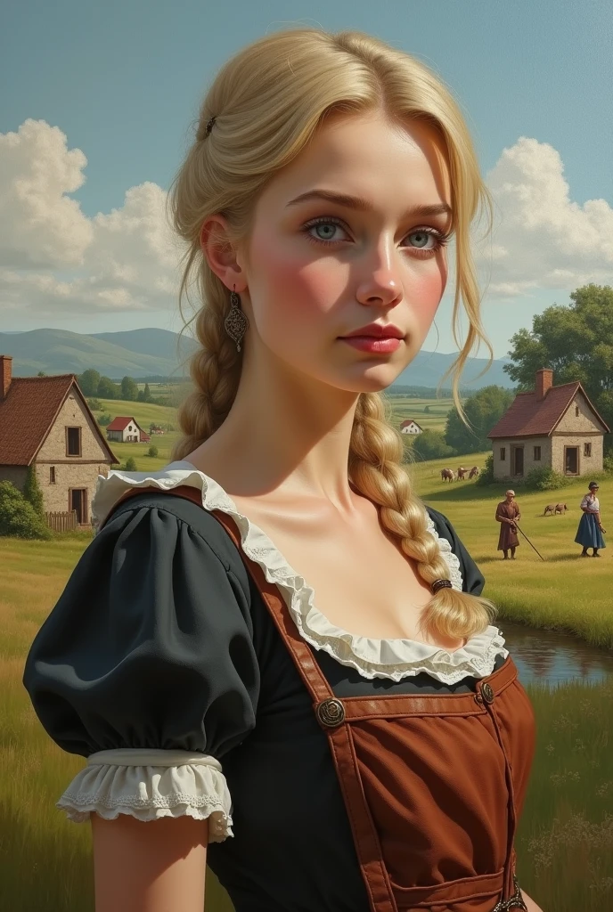 Masterpiece, Best Quality, (Perfect Face:1.1) , (High Detail:1.1), a photograph of Guinwen by Crvgg, Guinwen as a young maid, 8k, 1 girl, realistic photograph, pretty face, Face of Guinwen, beautifully detailed eyes, muito detalhado, blond hair, blonde hair, gray eyes, visible waist, large breasts, huge breasts, full cleavage, Hairline, in the background a medieval farming village, Farmers in the background, Peasant dress, fully clothed, Mediovale, Portrait, Fields in the background, small farmhouses, full body, oil painting, nipples showing,(photorealism:1.2), photorealistic,