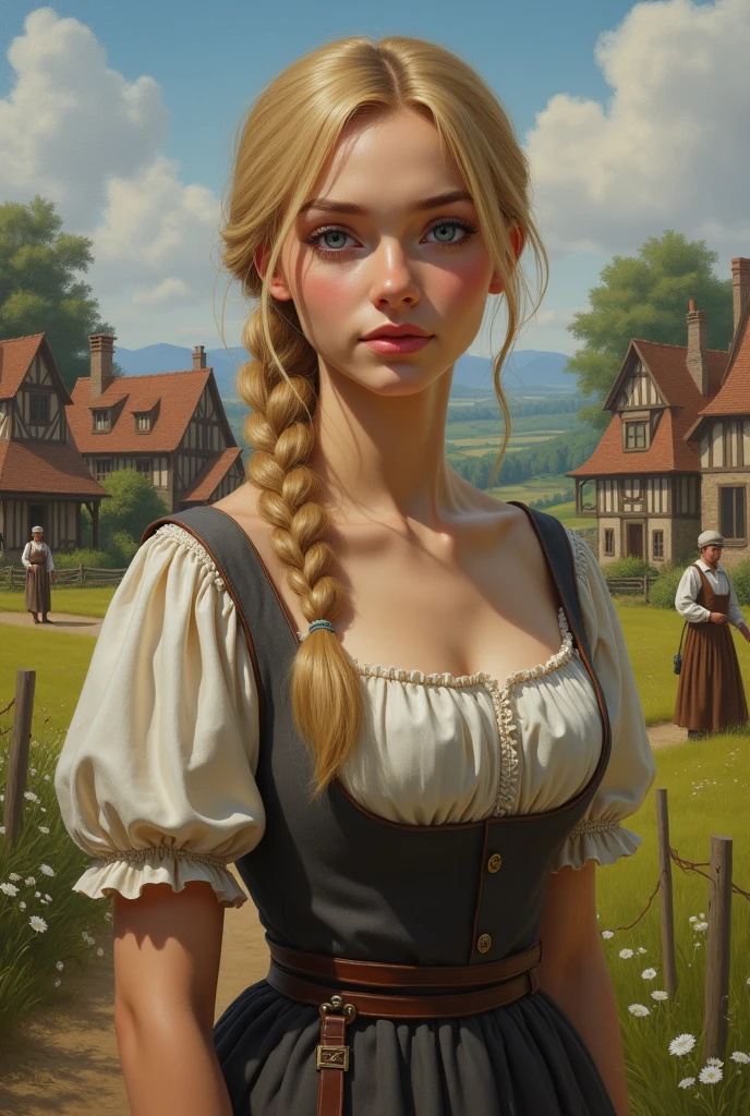 Masterpiece, Best Quality, (Perfect Face:1.1) , (High Detail:1.1), a photograph of Guinwen by Crvgg, Guinwen as a young maid, 8k, 1 girl, realistic photograph, pretty face, Face of Guinwen, beautifully detailed eyes, muito detalhado, blond hair, blonde hair, gray eyes, visible waist, large breasts, huge breasts, full cleavage, Hairline, in the background a medieval farming village, Farmers in the background, Peasant dress, fully clothed, Mediovale, Portrait, Fields in the background, small farmhouses, full body, oil painting, nipples showing,(photorealism:1.2), photorealistic,