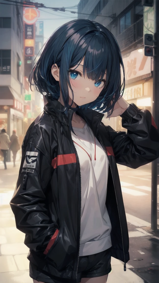 Anime character with gun and black jacket, artwork in the style of Gwaiz, Anime Style 4k yen, Gwaiz, Anime Style. 8k, Gwaiz on artstation pixiv, Gwaiz on pixiv artstation, Ilya Kuvshinov. 4k yen, 4k anime wallpaper, Cyberpunk anime, High quality anime art style, Jinx Face, Wolf Cut, short hair, hot pants, Small breasts, ((Black Hair, Inner bright blue hair:1.4)), Pitch Resuit, rubber ,Nipples, tits, R18, Nipple piercing, Slanted Eyes, Ahegao, Posing naked