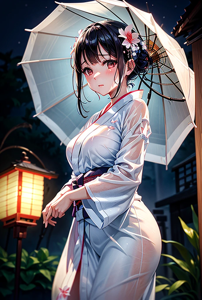 Wearing a bright white yukata on a summer night。The yukata features a delicate morning glory pattern.、Facing here、A sudden rain shower highlights her wet, transparent breasts.、Standing under the dim light of a lantern、Her black hair, which reaches down to her back, is blowing in the wind.。Her eyes have a deep and fascinating look、There's a slight smile on his lips、