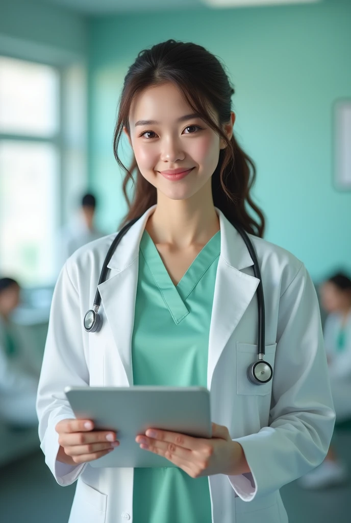 Female doctor wearing light green shirt and white overcoat
