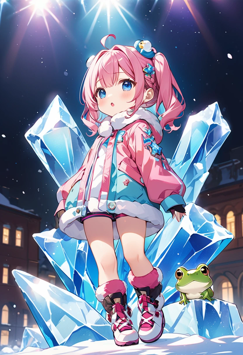 Highest quality、High resolution、Detailed Background、Beautiful face in every detail、Anatomically correct、Detailed facial expressions、fine grain、((full body, from below:1.5, back shot:1.2, looking up:1.2)), break ((One Girl:1.5)、((Chibi Girl:1.5)))、Bright pretty hair color、Big beautiful blue eyes、Fuller lips、Pink Lips、Braided twintails、Ahoge、break ((Looking up at the giant ice sculpture of a frog:1.5))、(Cute Snow Jackets、Cute gloves、Cute Snow Pants、Cute snowshoes、Cute hair accessories)、break (Happy expression:1.5)、((The background is the venue for the ice sculpture contest.、snowman、Refreshing weather))