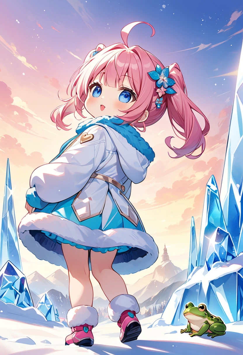 Highest quality、High resolution、Detailed Background、Beautiful face in every detail、Anatomically correct、Detailed facial expressions、fine grain、((full body, from below:1.5, back shot:1.2, looking up:1.2)), break　((One Girl:1.5)、((Chibi Girl:1.5)))、Bright pretty hair color、Big beautiful blue eyes、Fuller lips、Pink Lips、Braided twintails、Ahoge、break　((Looking up at the giant ice sculpture of a frog:1.5))、(Cute Snow Jackets、Cute gloves、Cute Snow Pants、Cute snowshoes、Cute hair accessories)、break　(Happy expression:1.5)、((The background is the venue for the ice sculpture contest.、snowman、Refreshing weather))