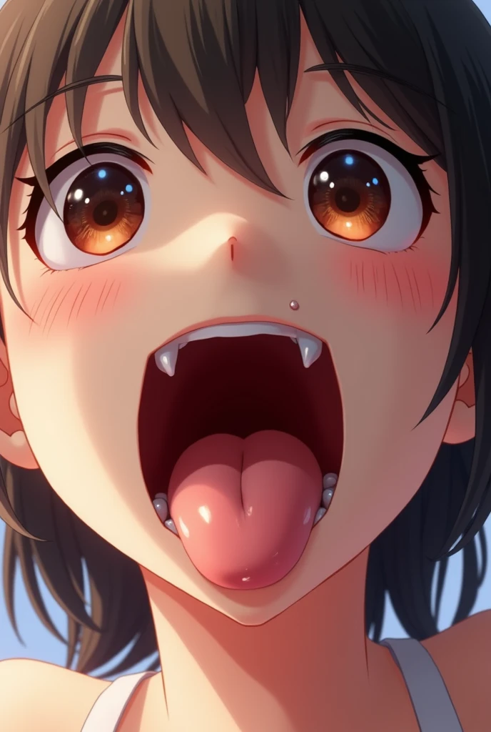 (photorealism:1.2), anime girl, cute, looking up at pov, 3D, super close up of mouth, Opens mouth wide and shows throat, Smile with mouth wide open, tongue、ahegao, spit, naked , füll Body