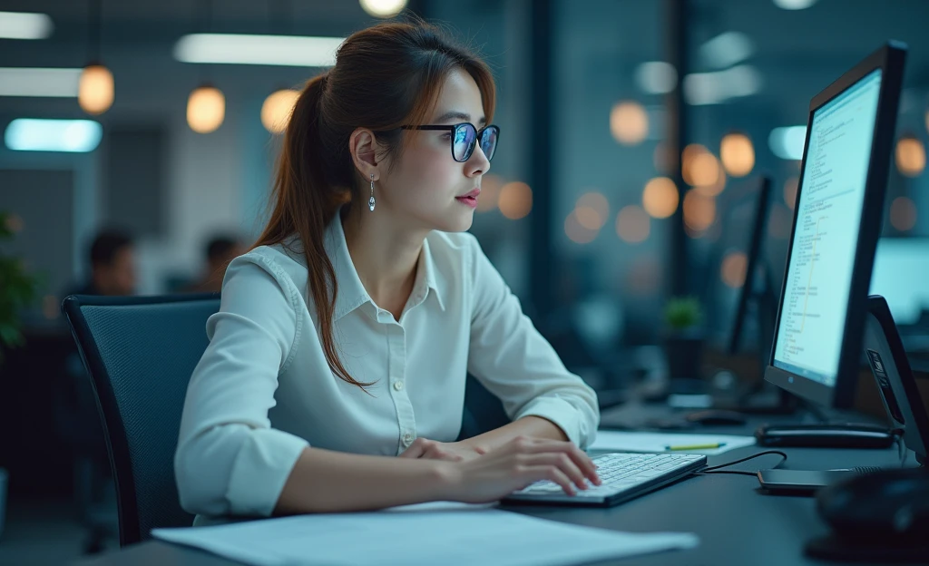 An office lady using generative AI in her work、Image size is 1200px wide and 628px high., Realistic,High definition, The computer display is visible