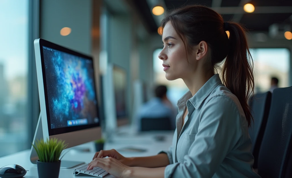 An office lady using generative AI in her work、Image size is 1200px wide and 628px high., Realistic,High definition, The computer display is visible