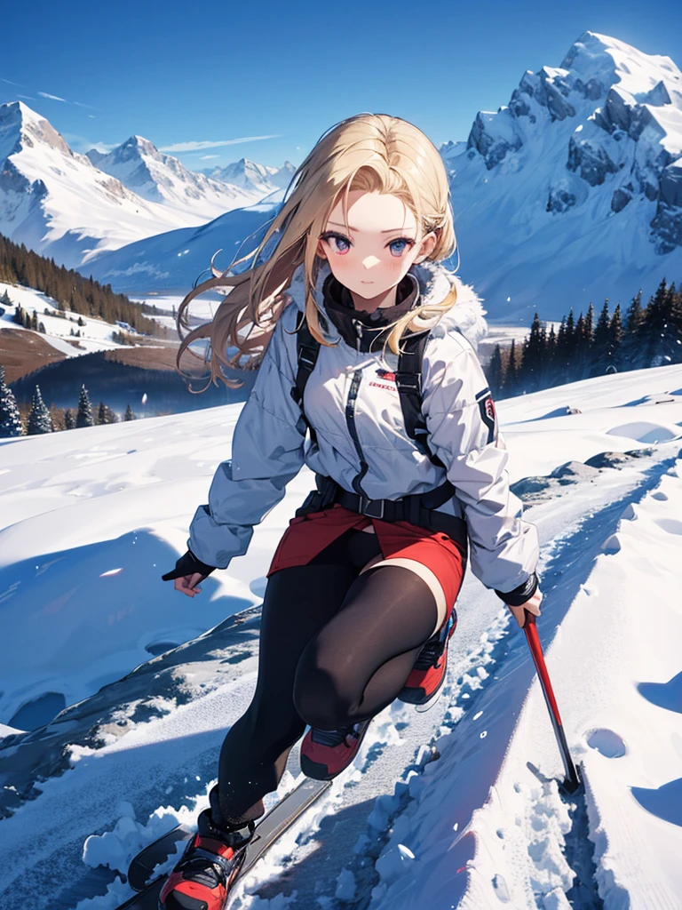 Snow Scenery, The background is snowy mountains, avalanche, snow board, snow boardでjump, cute, Beauty,Android 18, (masterpiece), highest quality, 1girl, uhd, retina, masterpiece, ccurate, anatomically correct, textured skin, super detail, high details, high quality, best quality, highres, 4K