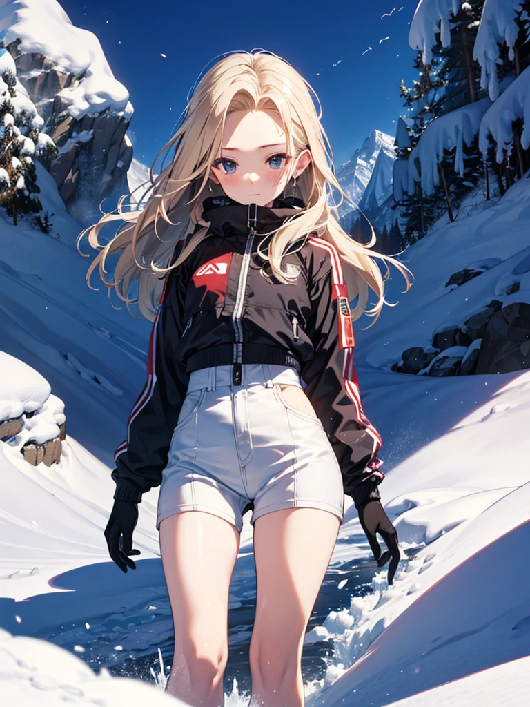 Snow Scenery, The background is snowy mountains, avalanche, snow board, snow boardでjump, cute, Beauty,Android 18, (masterpiece), highest quality, 1girl, uhd, retina, masterpiece, ccurate, anatomically correct, textured skin, super detail, high details, high quality, best quality, highres, 4K