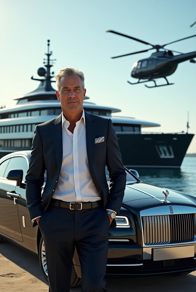 Tony is a man in his fifties wearing a suit with his sleeves rolled up, leaning on his Rolls Royce with his 100m long mega yacht in the background, on this yacht there is a landing strip with a helicopter landing on it.