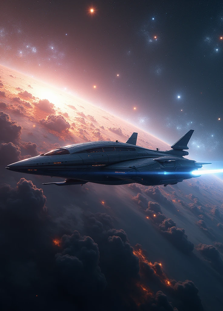 An Ultra realistic 16k high definition image of an alien ship in hyper space in the background an incredible and realistic image of a galaxy and its stars