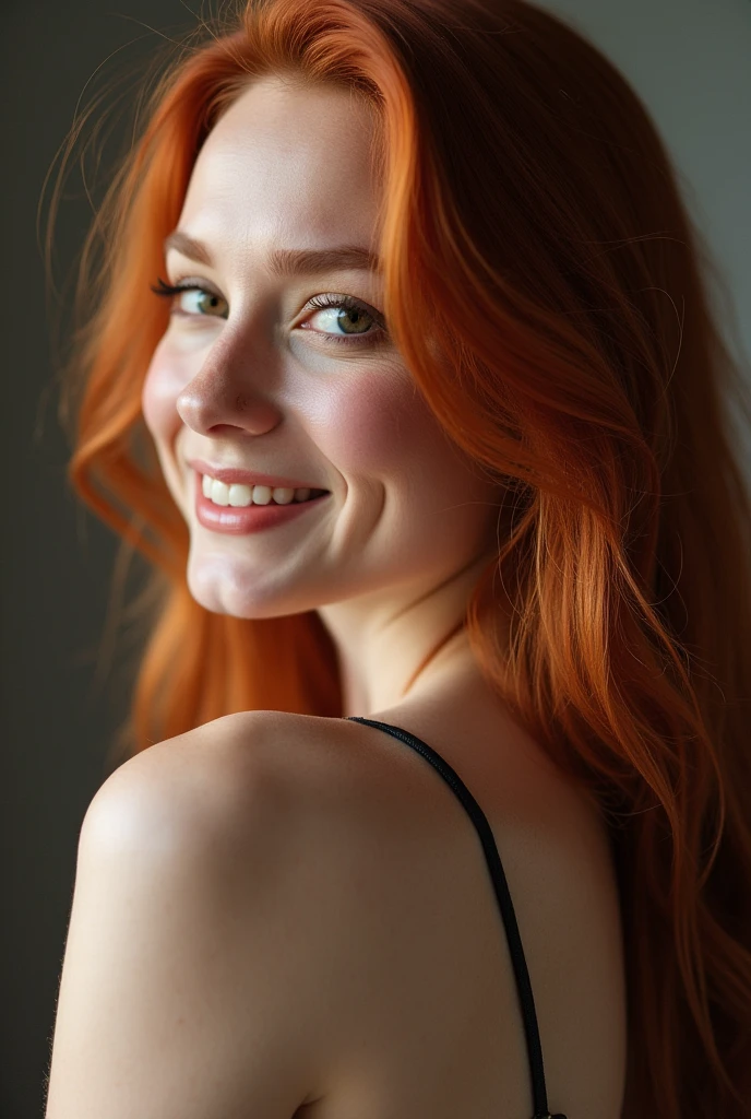 large close-up of a woman's face over the entire surface, woman in profile, red-haired, smiling, looking at the camera, one hand visible