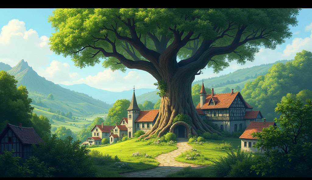 The image of the old village with the lots of trees and one of the tree is so majestic, old and beautiful