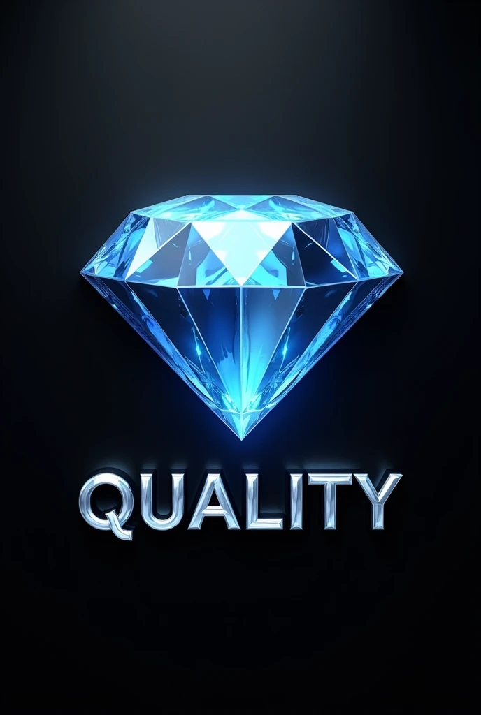 Create a highly realistic and detailed logo featuring a blue diamond as the central element. The diamond should have a lifelike appearance with intricate facets and reflections to capture its brilliance and clarity. Use various shades of blue to highlight the depth and sparkle of the diamond. Set the diamond against a black, glossy metallic background to enhance its visual impact. Below the diamond, include the text 'Quality' in a 3D style with a metallic texture. The text should have a sleek, metallic finish with reflections and shadows to give it depth and sophistication. Ensure the text stands out prominently against the background and complements the diamond