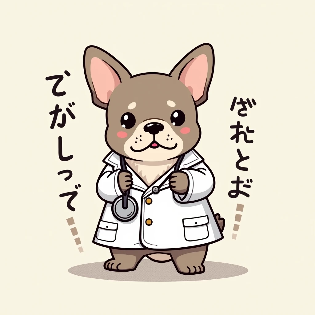 Chibi Style, 2-panel cartoon, dot halftone, Flat Color, A French bulldog wearing a white coat and a stethoscope around its neck, Say it in Japanese "Get an eye exam!" With a happy face