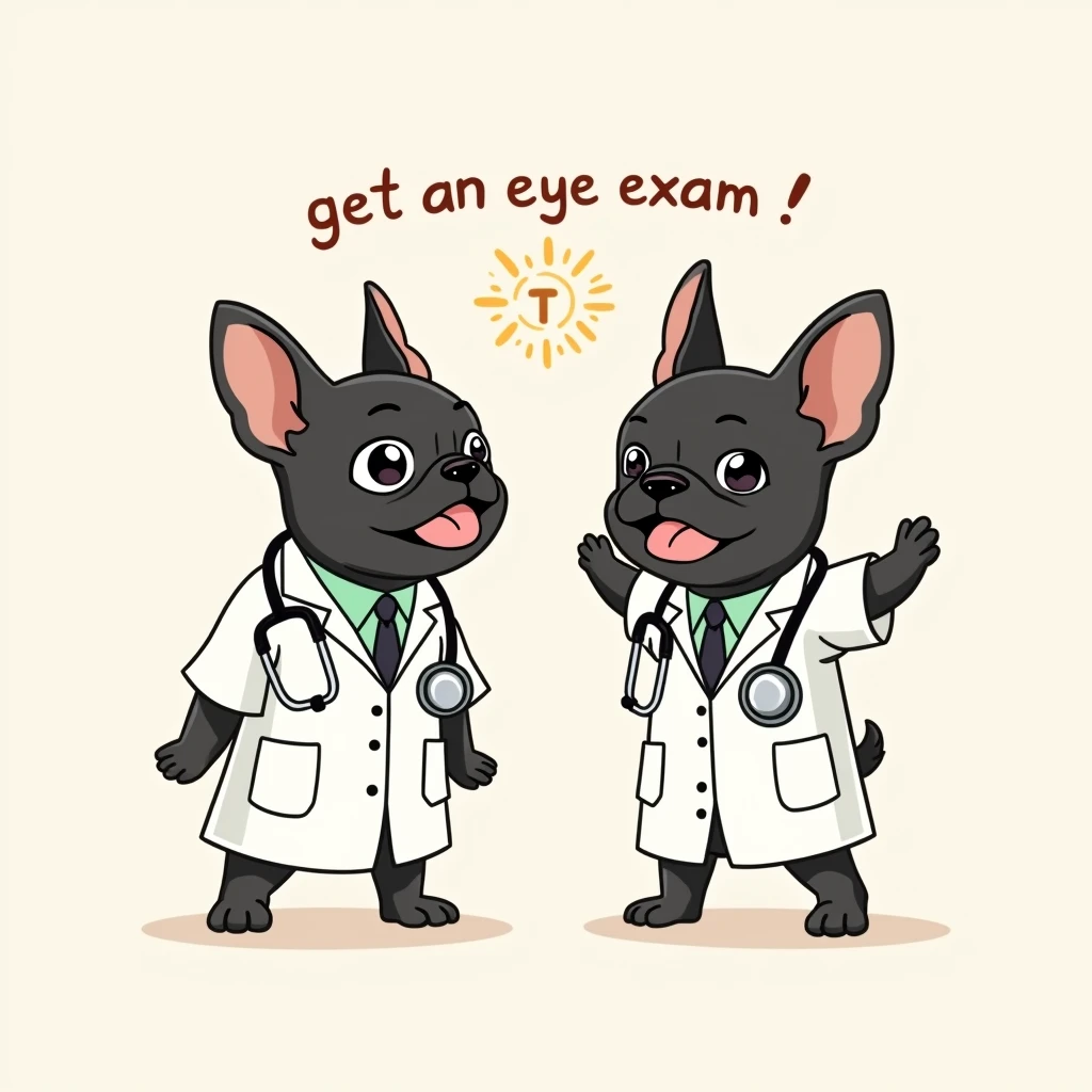 Chibi Style, 2-panel cartoon, dot halftone, Flat Color, A French bulldog wearing a white coat and a stethoscope around its neck, Say it in Japanese "Get an eye exam!" With a happy face