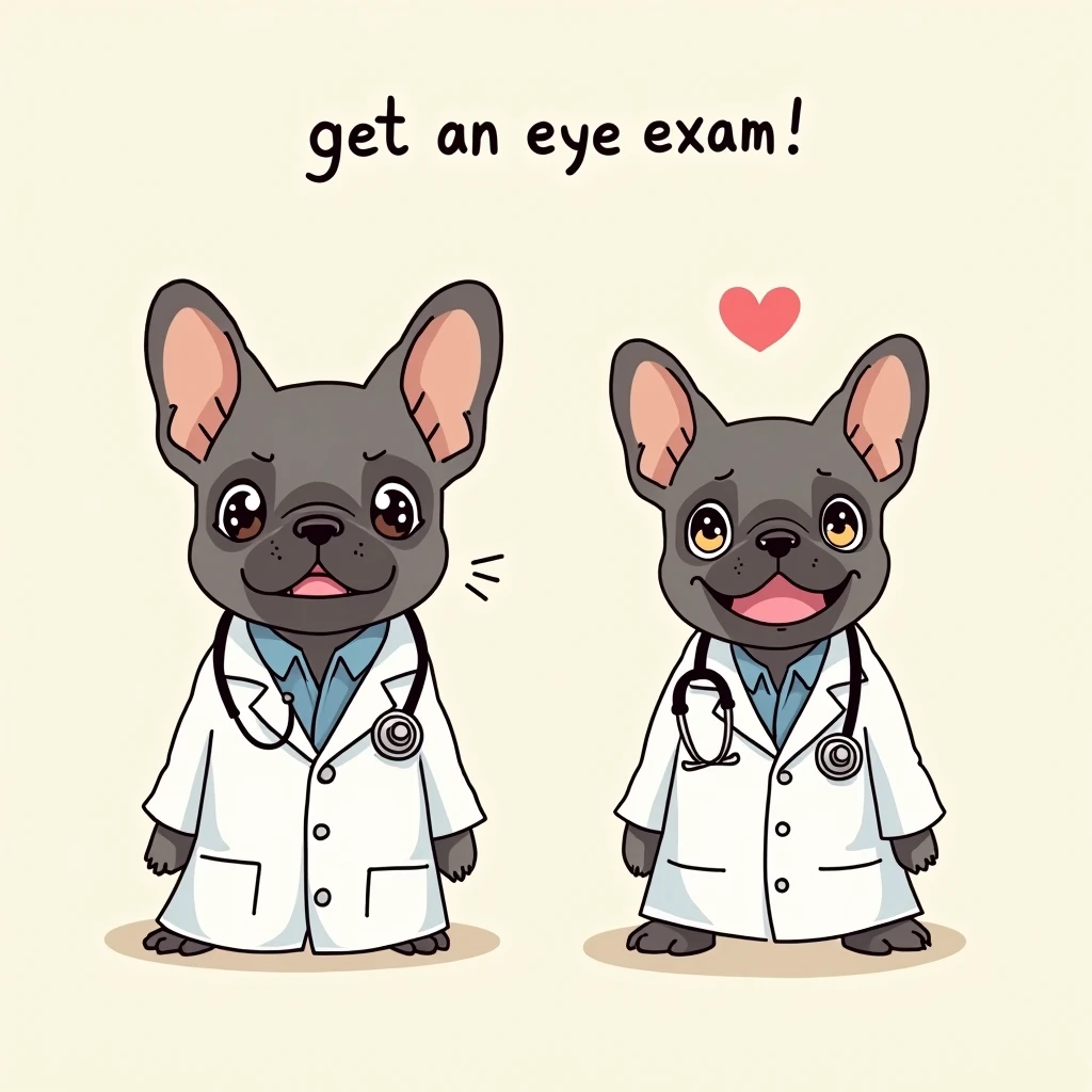 Chibi Style, 2-panel cartoon, dot halftone, Flat Color, A French bulldog wearing a white coat and a stethoscope around its neck, Say it in Japanese "Get an eye exam!" With a happy face