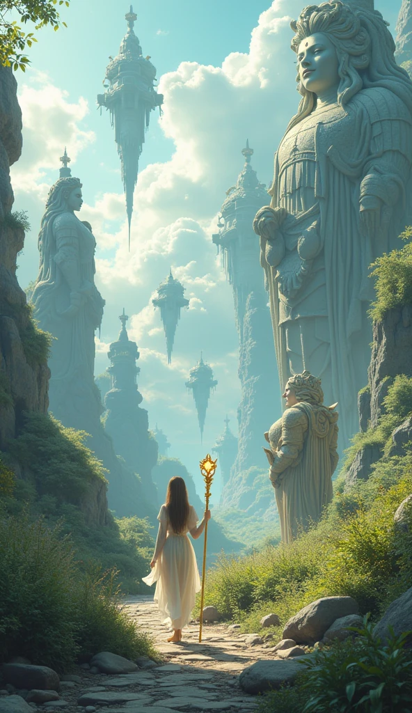 (4K image results are clear, Very detailed, realistic HD) A beautiful fairy tale world with many floating islands in the air and there are giant statues of gods with four faces and god hands and there are sturdy men in armor holding golden staffs standing and the fairy tale world is filled with fairies with clear skin like glass and have wings flying here and there.