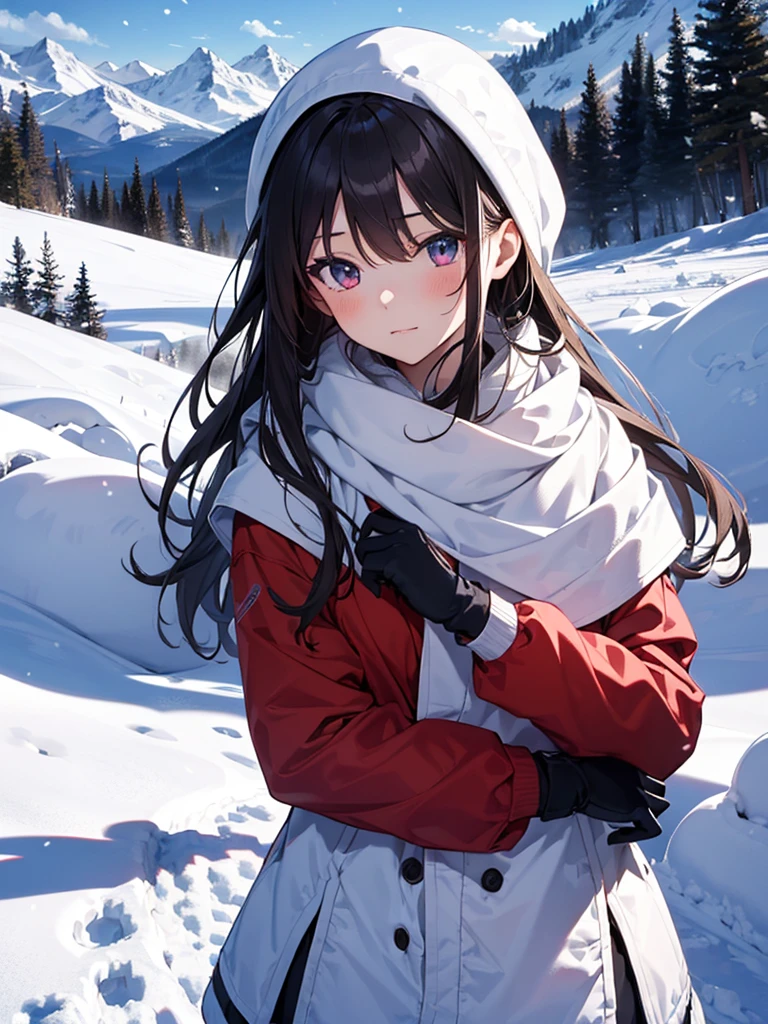 Snow Scenery, The background is snowy mountains, avalanche, snow board, snow boardでjump, cute, Beauty, Tohsaka Rin, (masterpiece), highest quality, 1girl, uhd, retina, masterpiece, ccurate, anatomically correct, textured skin, super detail, high details, high quality, best quality, highres, 4K