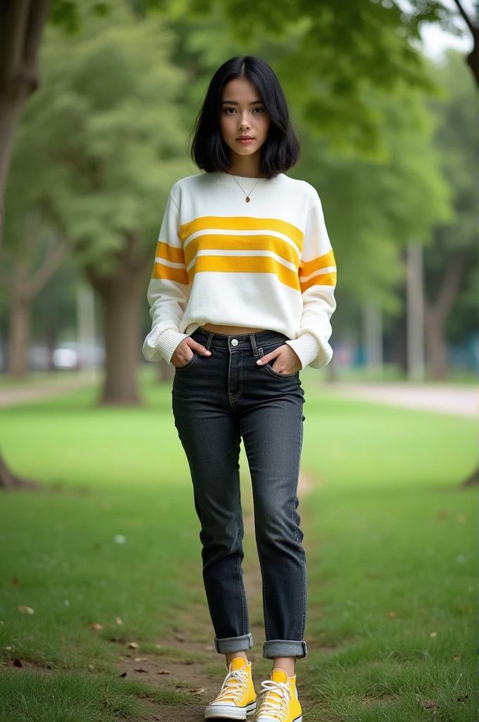 beautiful brunette latin girl, symetric eyes, perfect face, black bob hair, wearing a white sweater with horizontal yellow stripes, dark jeans, yellow Converse sneakers, in a park, ultra-detailed, full-body image