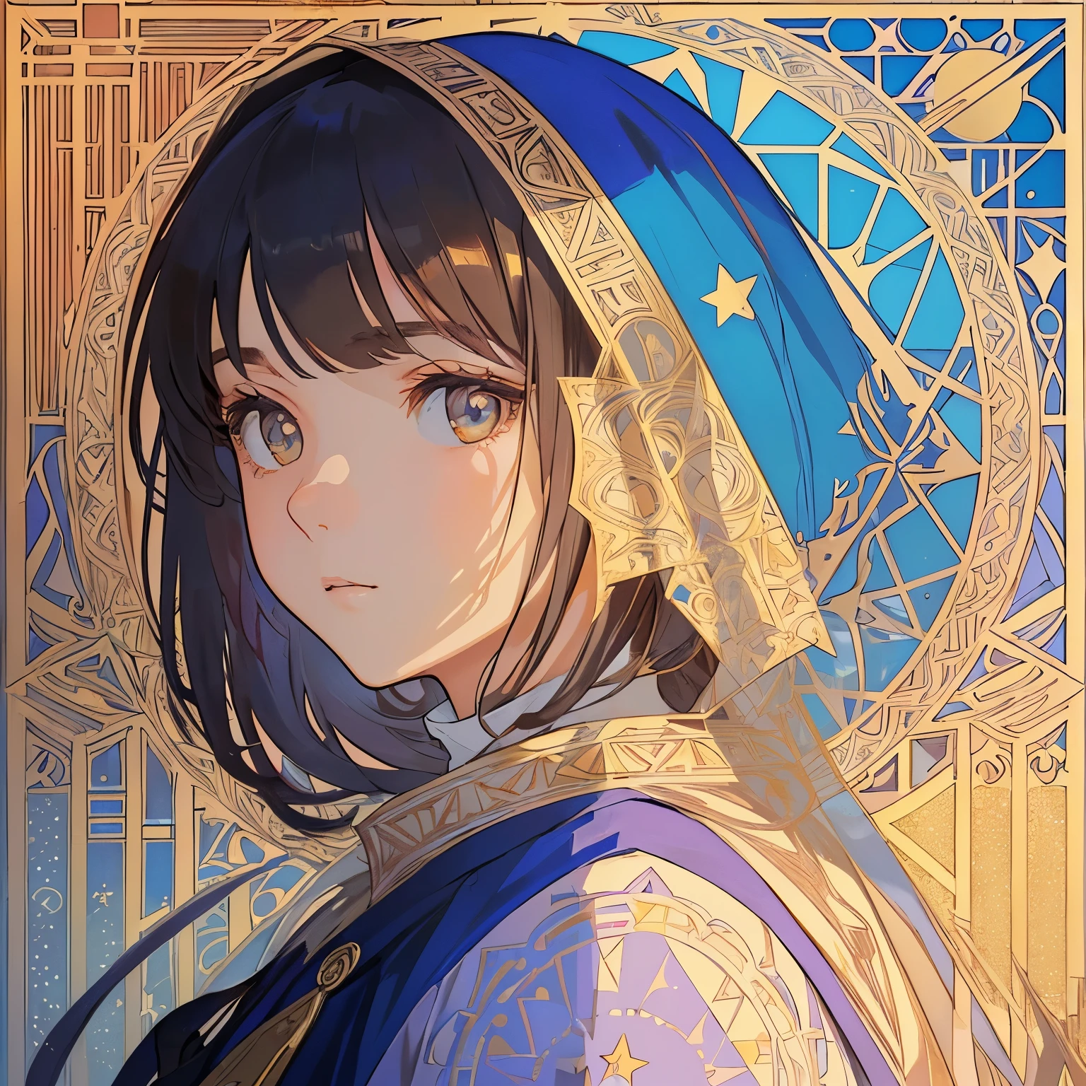 1 girl, (masterpiece, highest quality, highest quality, beautiful and aesthetic: 1.2), (1 girl: 1.3), delicate clothing, square picture frame, ((face)), sharp pupils, cool face, Alphonse Mucha's, Traditional Arab dress, color hairstyle, Ultra-detailed, Soft Light, Gentle colors, solo, dynamic, (((geometric star patterns in the background))), profile