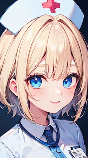 ((Highest quality, 8k, masterpiece: 1.3)), Highly detailed face and skin texture, Detailed eyes, Textured skin, High resolution, nurse, hospital, nurse cap, smile, blue eyes, blonde