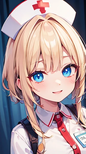 ((Highest quality, 8k, masterpiece: 1.3)), Highly detailed face and skin texture, Detailed eyes, Textured skin, High resolution, nurse, hospital, nurse cap, smile, blue eyes, blonde