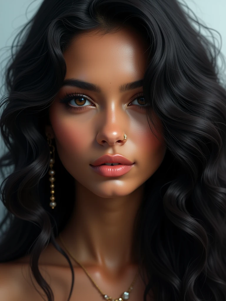 Woman with long, abundant hair, black wavy , of hindu beauty, large, expressive black eyes, long nose small mouth, Oval face, with hair together or to one side