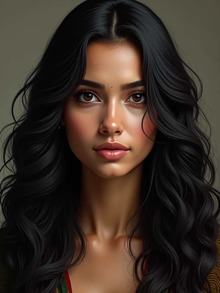 Woman with long, abundant hair, black wavy , of hindu beauty, large, expressive black eyes, long nose small mouth, Oval face, with hair together or to one side
