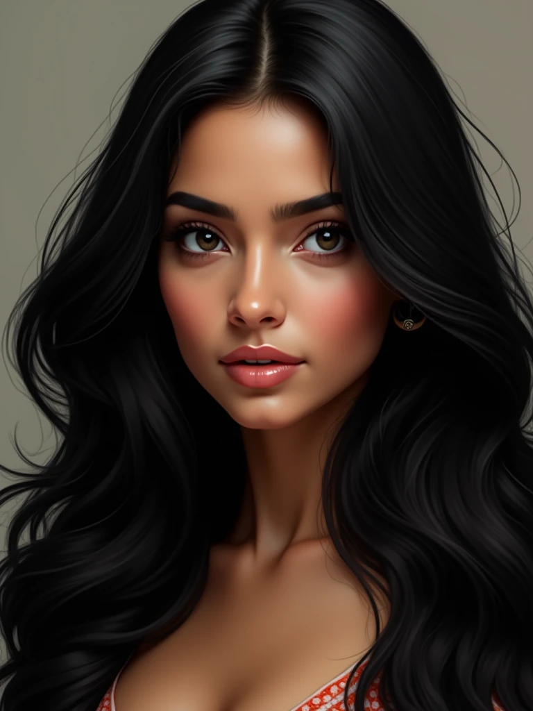 Woman with long, abundant hair, black wavy , of hindu beauty, large, expressive black eyes, long nose small mouth, Oval face, with hair together or to one side