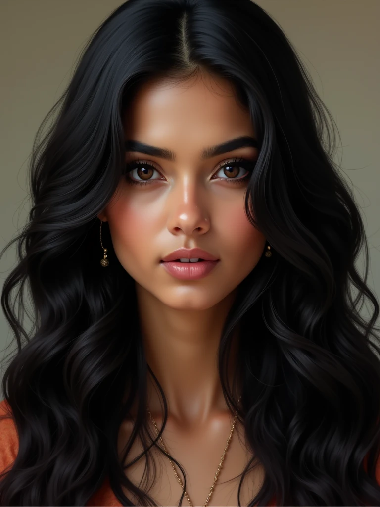 Woman with long, abundant hair, black wavy , of hindu beauty, large, expressive black eyes, long nose small mouth, Oval face, with hair together or to one side
