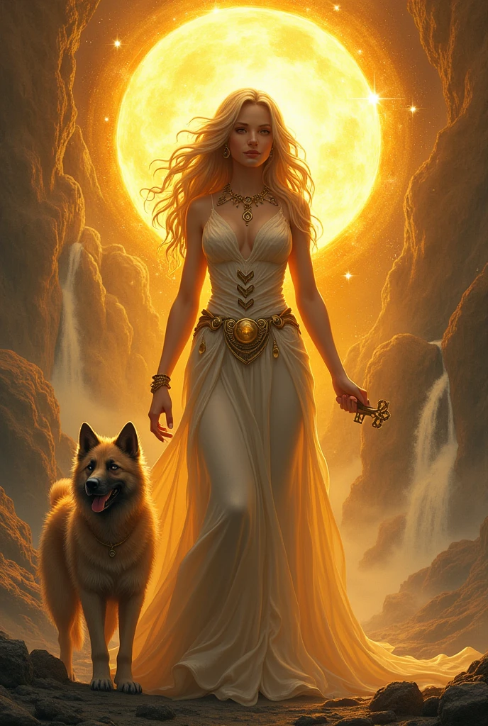 Goddess Hekate solar, with sun behind, blondie hair, with key in one hand, cerberus branco, waterfall