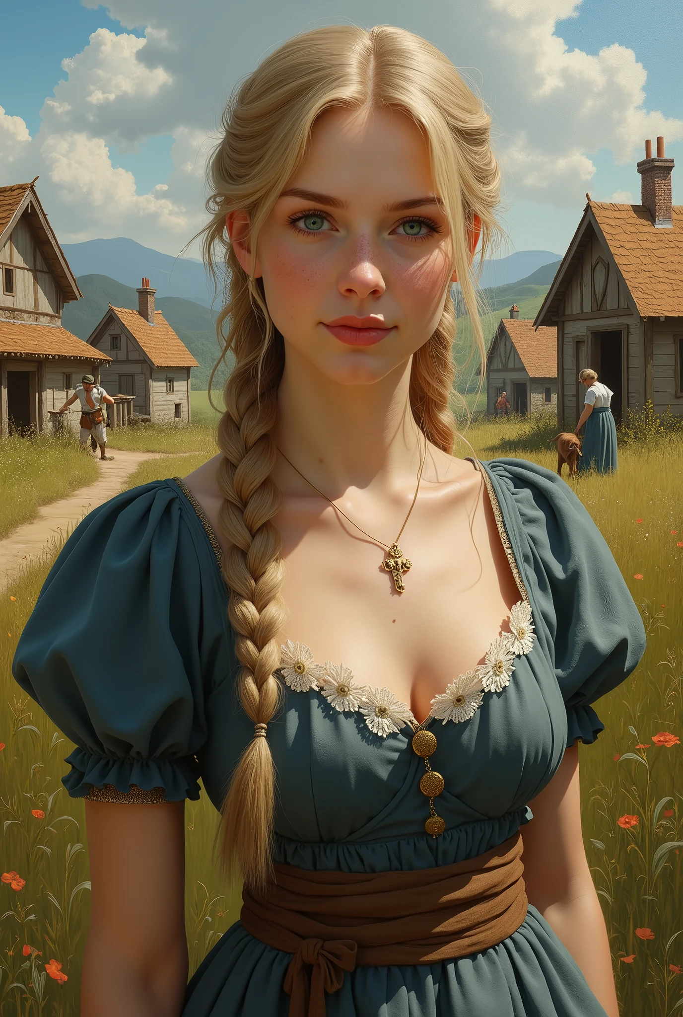 Masterpiece, Best Quality, (Perfect Face:1.1) , (High Detail:1.1), a photograph of Guinwen by Crvgg, Guinwen as a young maid, 8k, 1 girl, realistic photograph, pretty face, Face of Guinwen, beautifully detailed eyes, muito detalhado, blond hair, blonde hair, gray eyes, visible waist, large breasts, huge breasts, full cleavage, Hairline, in the background a medieval farming village, Farmers in the background, Peasant dress, fully clothed, Mediovale, Portrait, Fields in the background, small farmhouses, full body, oil painting, nipples showing,(photorealism:1.2), photorealistic,