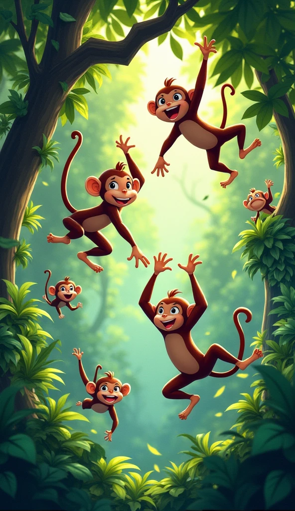 Image of monkeys swings on trees and enjoy their day