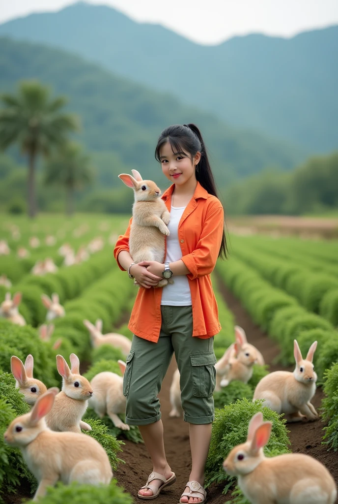 Beautiful white Korean girl. Well-groomed face, tied black hair, orange shirt, white t-shirt, knee-length cropped cargo pants, cool watch, cargo sandals, posing in a carrot field, hugging a rabbit, lots of rabbits running around, some are eating carrots in the carrot field, background Very exotic green mountains, original photos, realistic