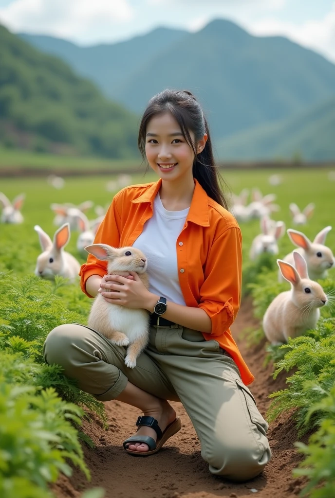 Beautiful white Korean girl. Well-groomed face, tied black hair, orange shirt, white t-shirt, knee-length cropped cargo pants, cool watch, cargo sandals, posing in a carrot field, hugging a rabbit, lots of rabbits running around, some are eating carrots in the carrot field, background Very exotic green mountains, original photos, realistic