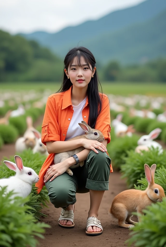 Beautiful white Korean girl. Well-groomed face, tied black hair, orange shirt, white t-shirt, knee-length cropped cargo pants, cool watch, cargo sandals, posing in a carrot field, hugging a rabbit, lots of rabbits running around, some are eating carrots in the carrot field, background Very exotic green mountains, original photos, realistic
