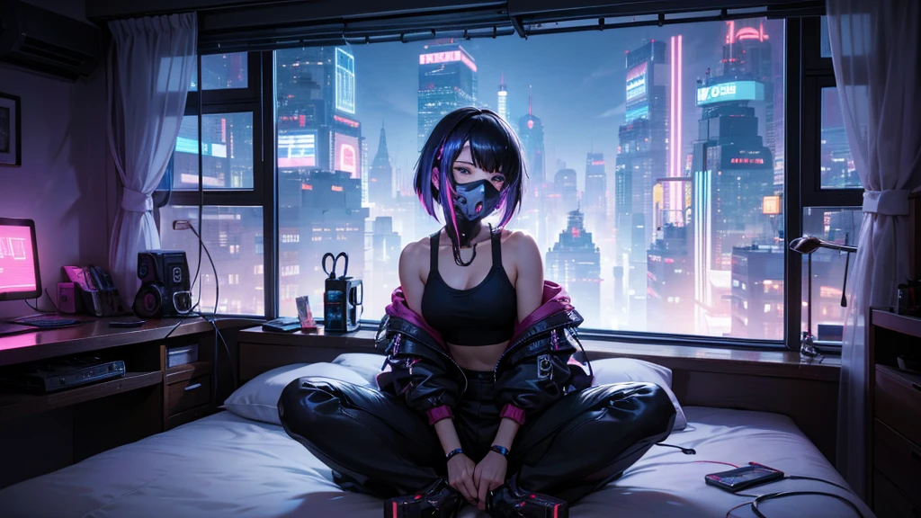 One person, alone, mask, Landscape,View your viewers,Looking out the window,cyber punkシティの夜,Relax in a modest bed,Edge of the screen,Short Hair,, whole body, Black Hair, mouth mask,Brush your hair up,Show your armpits, blue eyes, Tank top, A large room for a single person with a large window on the front wall, , Halftone, cable,Neon Light,(cyber punk:1.2),