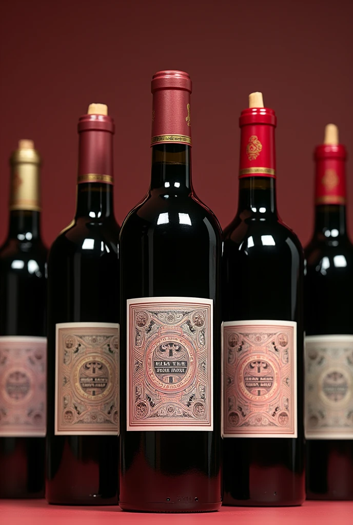 Please create a showcase,There are six red wine bottles arranged in a chaotic manner on it.,These six designs are similar,It's hard to tell the difference