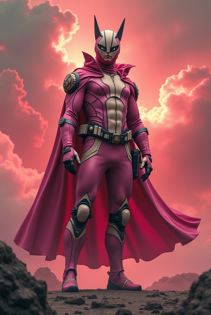 high-tech suit, posterize effects, malaysian superhero (KELUANG MAN) in a striking pink and beige costume cyberpunk design, jumpsuit dark pink stands confidently in a dramatic, stormy landscape. ((Head covered node guard))The character wears a helmet with pointed ears and a flowing cape. Equipped with visible futuristic weapons on a belt, they exude a powerful presence against a backdrop of swirling clouds and a red hue sky. The ground is uneven and rocky, adding to the intense atmosphere. --ar 3:4 --style raw --stylize 500 --v 6.1