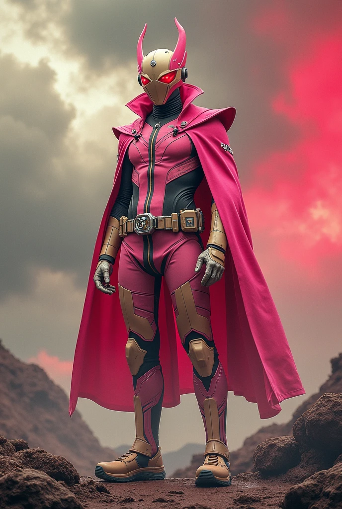 high-tech suit, posterize effects, malaysian superhero (KELUANG MAN) in a striking pink and beige costume cyberpunk design, jumpsuit dark pink stands confidently in a dramatic, stormy landscape. ((Head covered node guard))The character wears a helmet with pointed ears and a flowing cape. Equipped with visible futuristic weapons on a belt, they exude a powerful presence against a backdrop of swirling clouds and a red hue sky. The ground is uneven and rocky, adding to the intense atmosphere. --ar 3:4 --style raw --stylize 500 --v 6.1