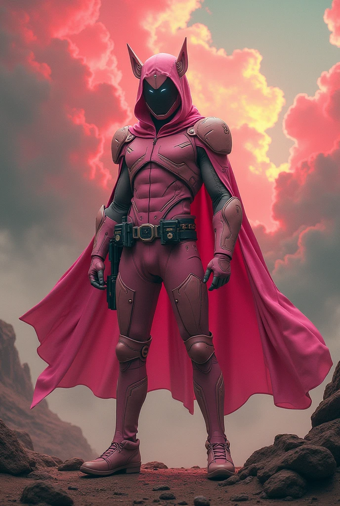 high-tech suit, posterize effects, malaysian superhero (KELUANG MAN) in a striking pink and beige costume cyberpunk design, jumpsuit dark pink stands confidently in a dramatic, stormy landscape. ((Head covered node guard))The character wears a helmet with pointed ears and a flowing cape. Equipped with visible futuristic weapons on a belt, they exude a powerful presence against a backdrop of swirling clouds and a red hue sky. The ground is uneven and rocky, adding to the intense atmosphere. --ar 3:4 --style raw --stylize 500 --v 6.1