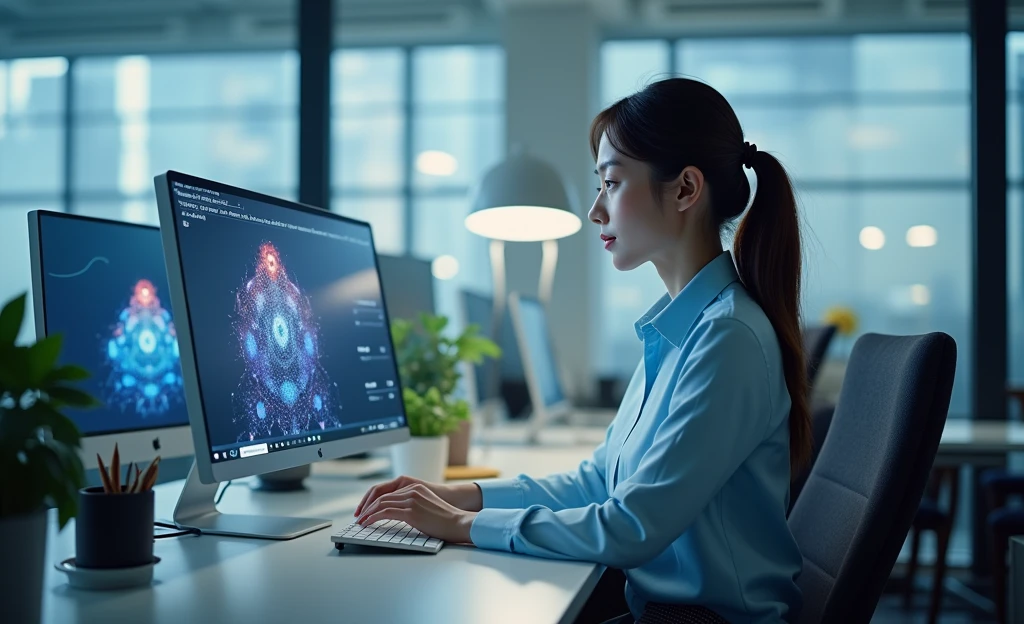 An office lady using generative AI in her work、Image size is 1200px wide and 628px high., Realistic,High definition, The computer display is visible, 2 p.m., Japanese office environment
