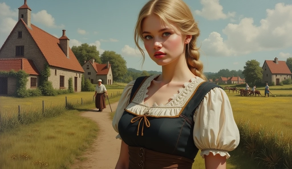 Masterpiece, Best Quality, (Perfect Face:1.1) , (High Detail:1.1), a photograph of Guinwen by Crvgg, Guinwen as a young maid, 8k, 1 girl, realistic photograph, pretty face, Face of Guinwen, beautifully detailed eyes, muito detalhado, blond hair, blonde hair, gray eyes, visible waist, large breasts, huge breasts, full cleavage, Hairline, in the background a medieval farming village, Farmers in the background, Peasant dress, fully clothed, Mediovale, Portrait, Fields in the background, small farmhouses, full body, oil painting, nipples showing,(photorealism:1.2), photorealistic,