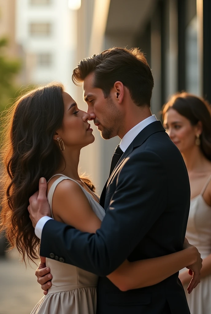 On a sunny afternoon in front of a modern building a man hugs a woman but the man will not look at the woman he is hugging, the man looks at another woman who is a little away.
