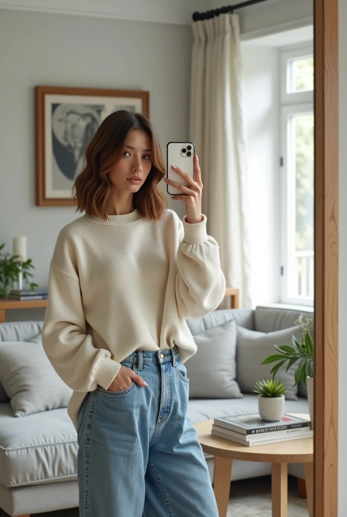 A young woman in her twenties, Caucasian with shoulder-length, slightly wavy brown hair, stands in her modern living room. She is dressed in a casual yet stylish outfit: a pair of high-waisted blue jeans that are fitted and slightly distressed, paired with a white oversized sweater with a cozy, relaxed fit. The sweater has a slight V-neck and long sleeves that are gently rolled up, giving it a laid-back look. Her natural hair falls softly over her shoulders, framing her face with its delicate features. She is holding her smartphone with one hand in front of a large wall mirror, capturing a photo of herself with a sweet and confident smile.
The living room is spacious and bright, featuring modern and elegant furniture. There is a light gray sofa adorned with cushions in various textures and colors. A light wooden coffee table sits in the center, with a few stacked books and a green potted plant adding touches of life and comfort. A large window allows