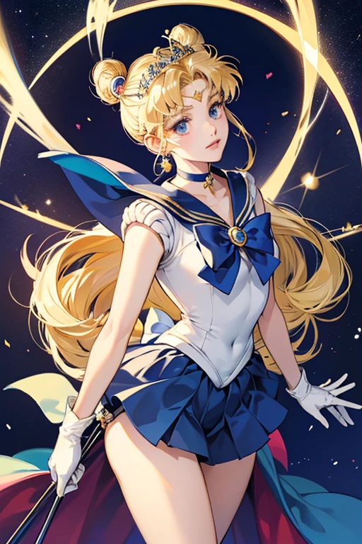 Haruka is a short teenager., Light blonde hair and dark blue eyes. Her main color was navy blue (Tiara Jewelry, Her Collar, choker, gloves, Back waist bow, skirt) Her accent color was yellow. (Front Bow). She wore gold rings on both earlobes., Her Collar had no stripes, her choker had no gems attached to it, Her shoulder pads were normal., her gloves were wrist-length, And her long, Knee-length, Navy blue high heel boots. In the manga, When Sailor Moon transformed into Super Sailor Moon for the first time、Her brooch changed from a circle to a heart.。.
