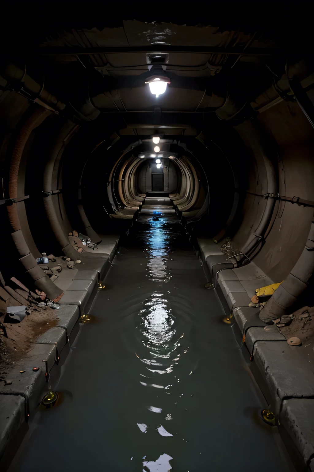 Dark underground sewer system where untreated wastewater mixed with filth flows smoothly